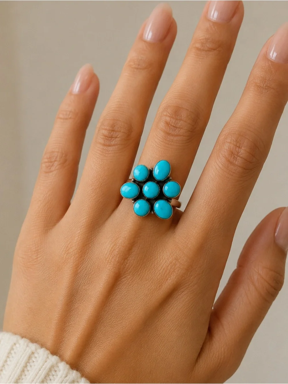 Turquoise Vintage Sterling Silver Flower Cluster Ring 925